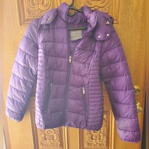 Purple puffer jacket.